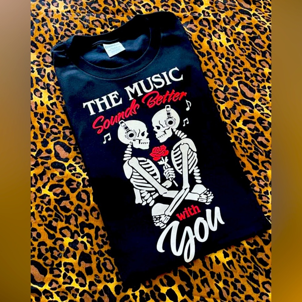 Baby Teith Skeleton ‘The Music Sounds Better With You” Goth shirt, Unisex L